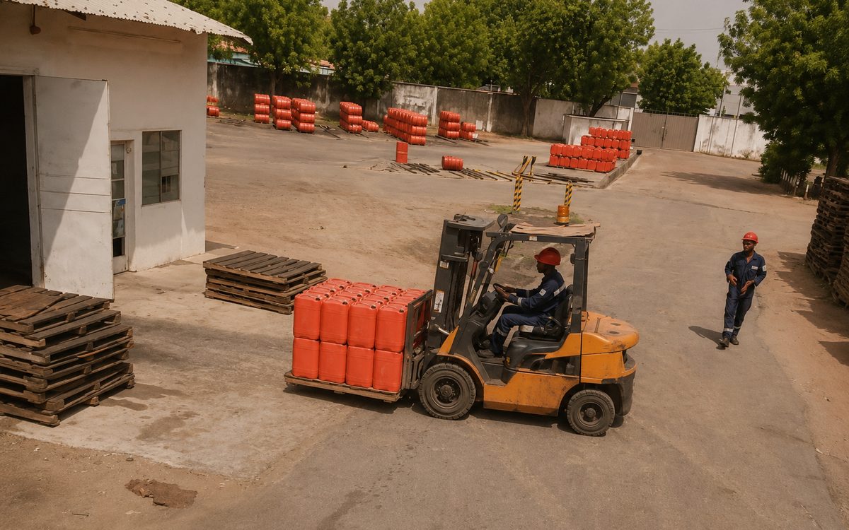 Forklift moving stacked product at a Husfan-serviced depot yard