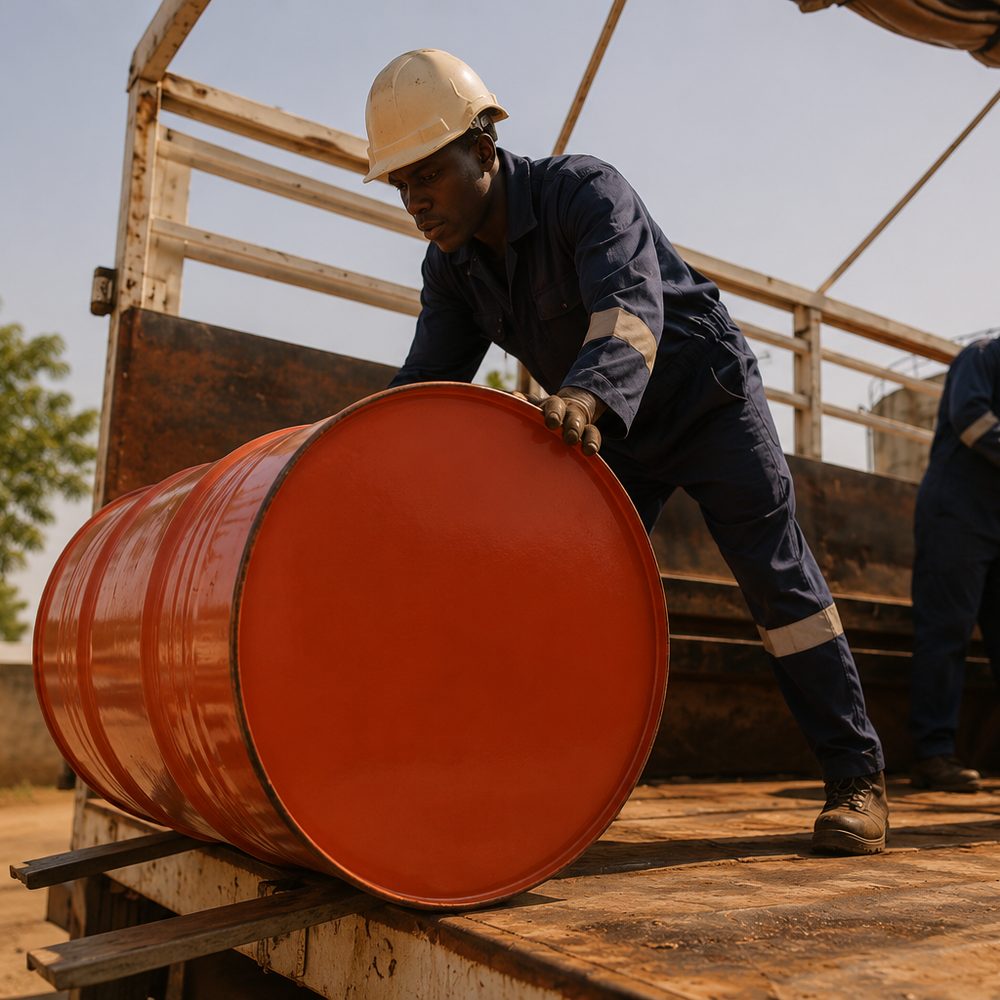 Husfan personnel handling petroleum product drums at a depot, in protective equipment